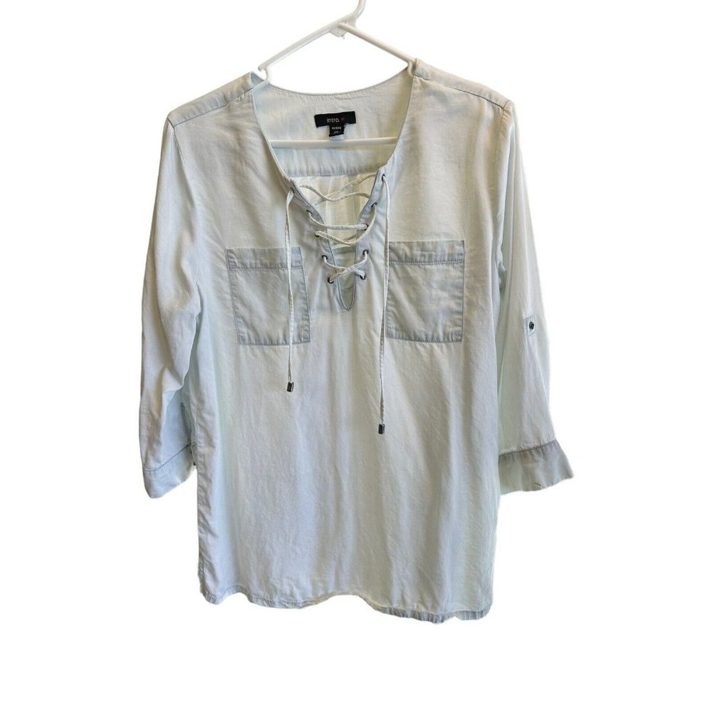 Vtg Intro Women's PL Blue Light Wash Button up Sleeve, Lace up Front Accent